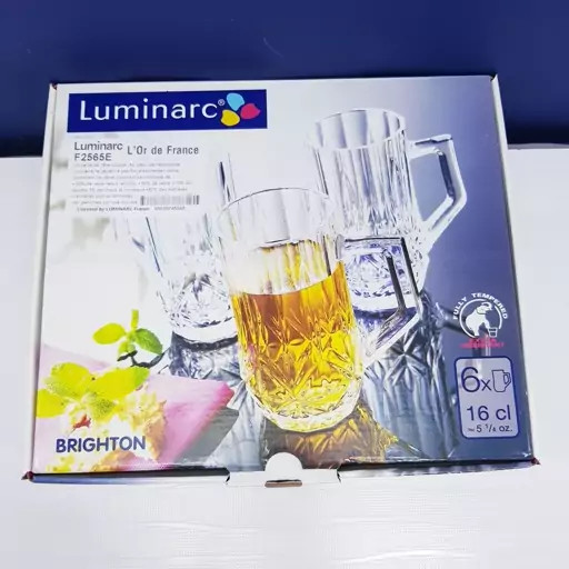 استکان لومینارک مدل برایتون حک شده اصلی دسته دار بسته 6 عددی محصول امارات LUMINARC BRIGHTON سری گلد فرنس F2565E
